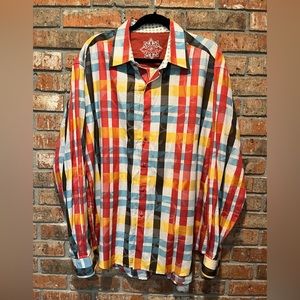 Robert Graham multicolor stripe button down shirt, collared, men's size 2XL